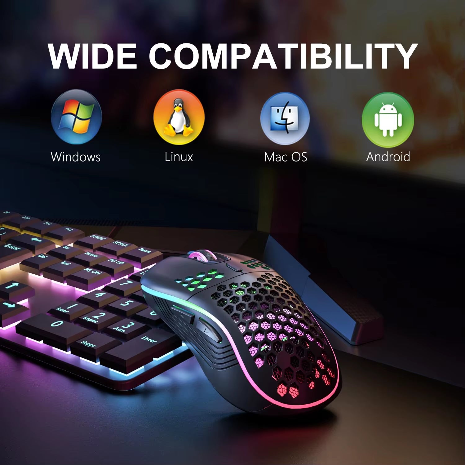 2.4G Wireless Mouse with RGB Backlit 6-Button 3-Speed DPI Type C Rechargeable Ergonomic Honeycomb Design Gaming Mouse