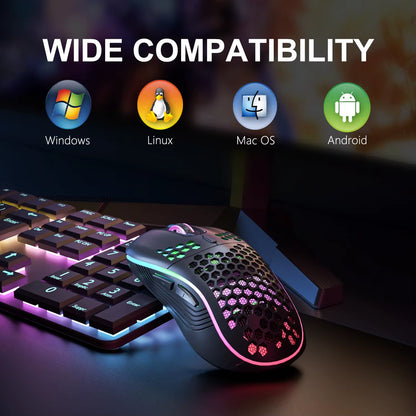 2.4G Wireless Mouse with RGB Backlit 6-Button 3-Speed DPI Type C Rechargeable Ergonomic Honeycomb Design Gaming Mouse